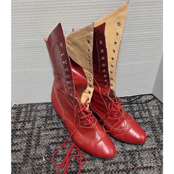 VTG Custom Red Leather Lace & Hook Tall Boots Kitten Heel Unique Sz 10 - Picture 1 of 8